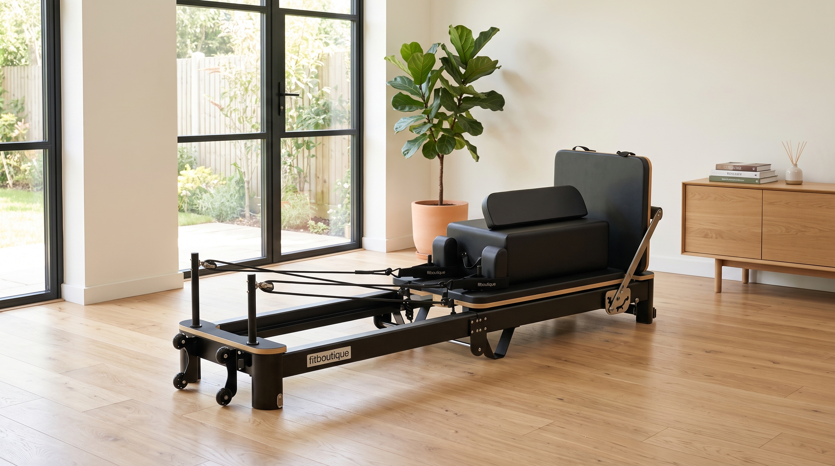 FitBoutique Ivory foldable reformer set up and ready in a bright living room
