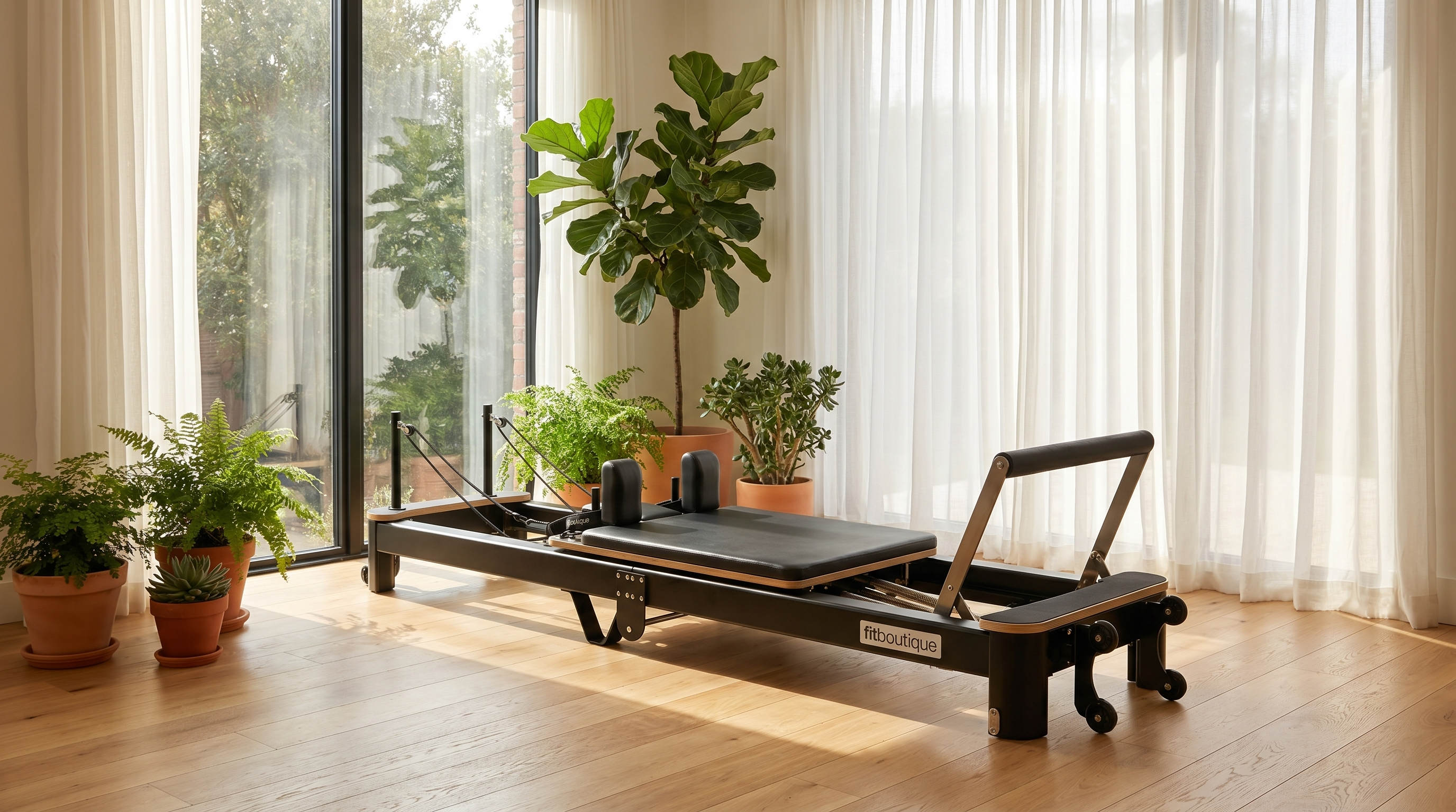 FitBoutique Ivory reformer in a sunlit home corner with plants