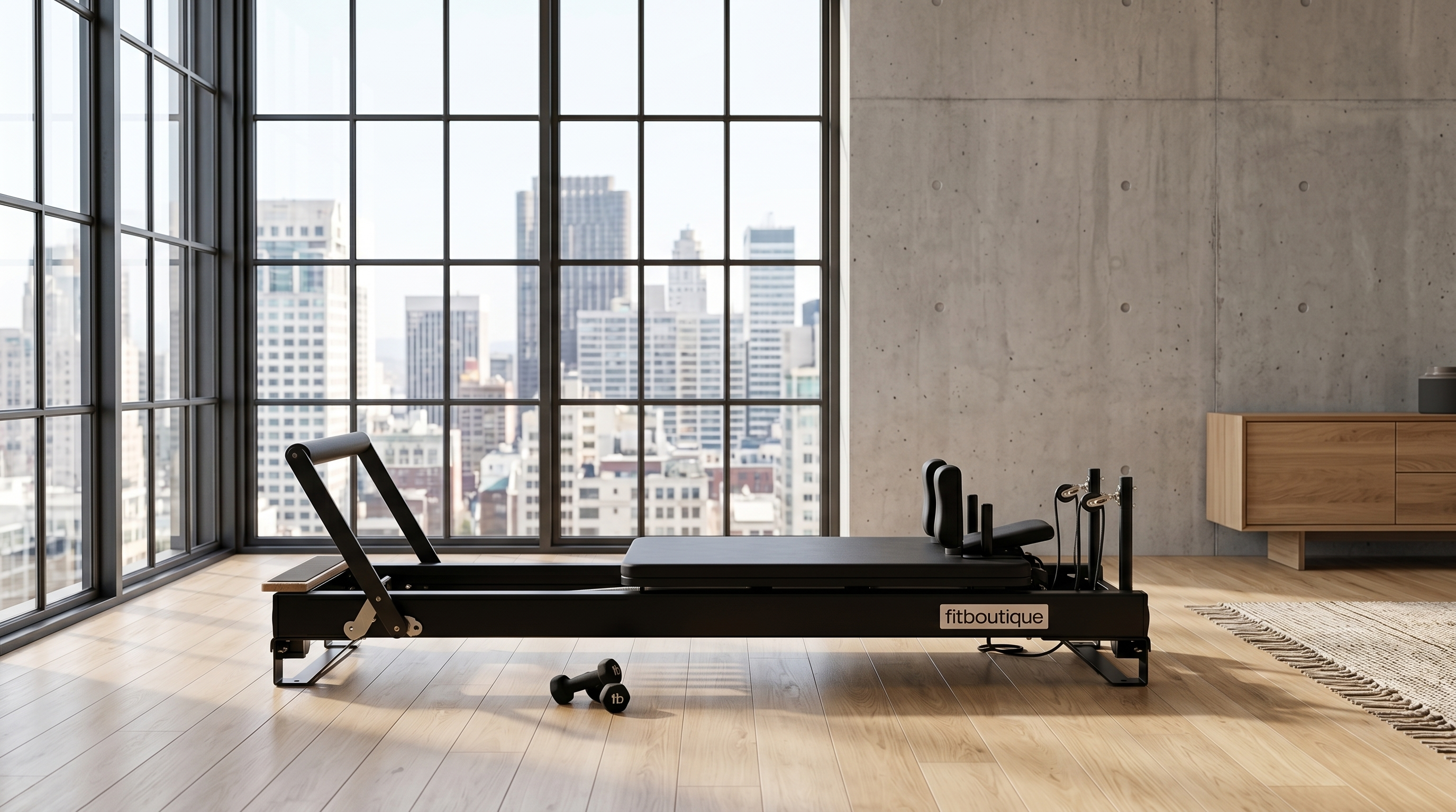 FitBoutique Space Black reformer in a modern apartment living space